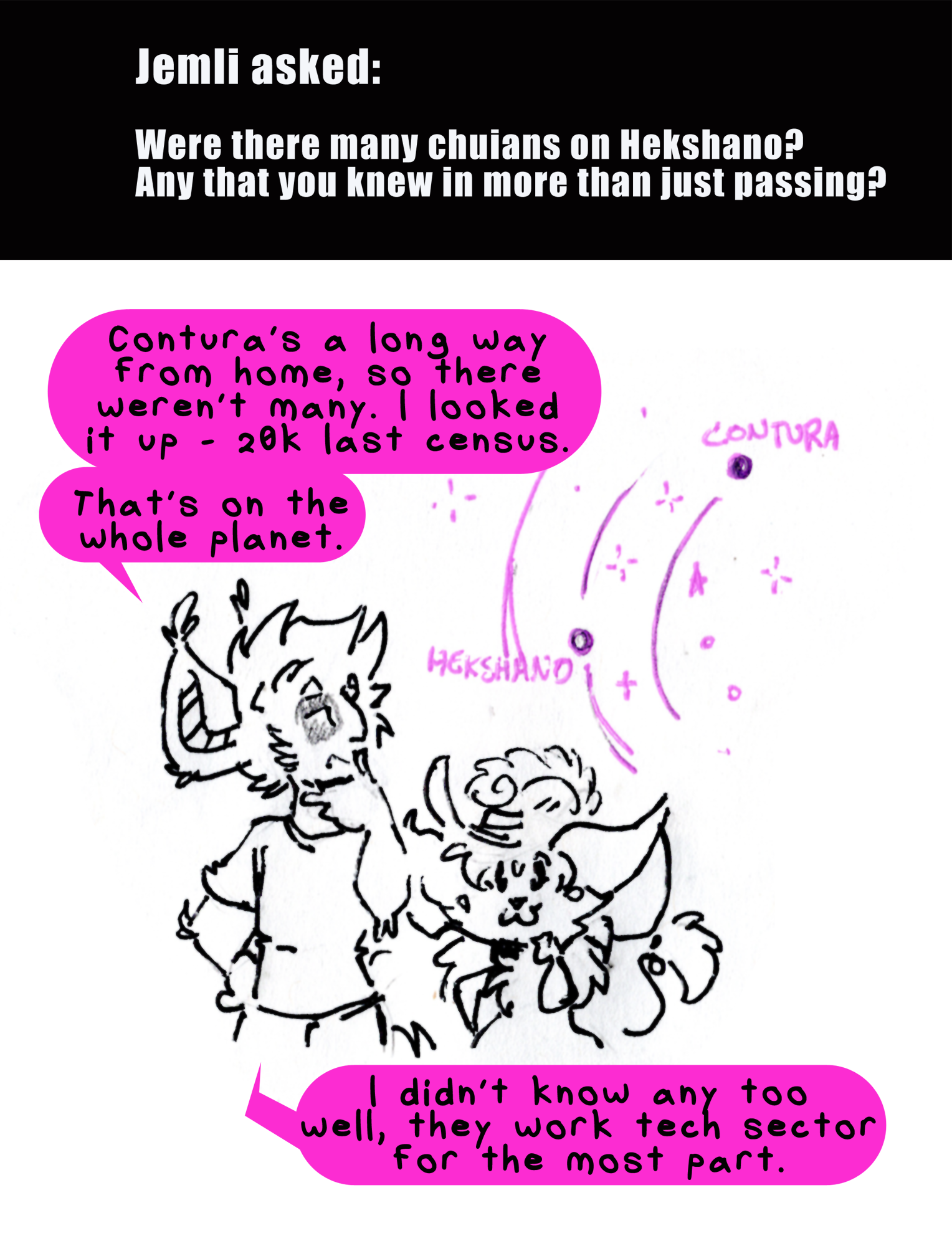 Jemli asked: Were there many Chuians on Hekshano? Any that you knew in more than just passing? Kyo looks over at a star map, showing Hekshano and Contura. They're ....not super nearby one another. Next to him, the mouse-like alien known as a Chuian is copying his pose. With a musketeer hat on. That's basically Jemli's OC. Kyo says, Contura's a long way from home, so there weren't many. I looked it up- 20k last census. That's on the whole planet. I didn't know any too well, they work tech sector for the most part.