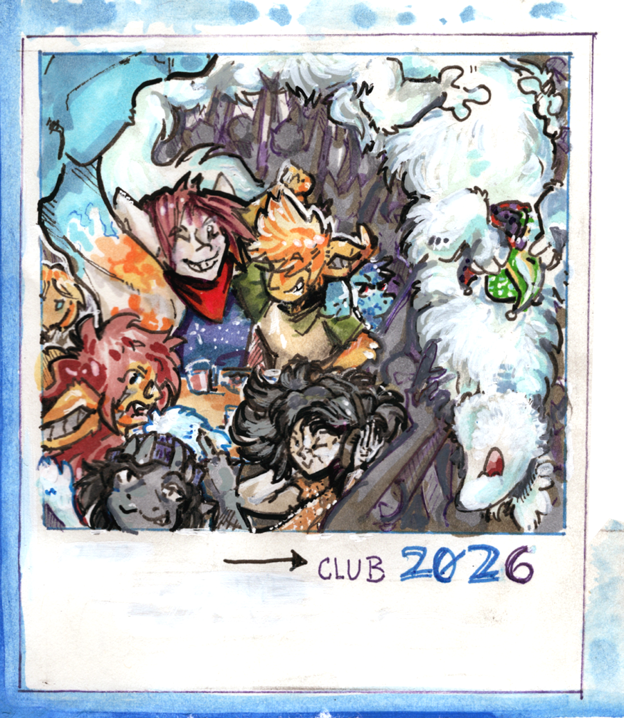 happy new years!!! pic is a paper & ink drawing meant to look like someone's polaroid style instant photo. it's my comic cast (or, some of them) in color clustered around a tiny table amidst a crowd of revelers. ashido, a sort of glider mammal humanoid alien, is holding the frame in forced perspective while hugging a fluffy yellow long-eared alien (kyo) who is fist pumping. a short haired blonde human and a little blue muzzled thing (cin & sartre respectively) peek around them. at the front of the table a wild& dark-haired, pale, scarred, skinny humanoid in  is holding headphones to his ears and rocking out (grey). a horned muzzled lady in a beanie flips the camera off (solla) and another long-eared alien with long brown hair and glasses is scowling and saying somethiing in protest (soshika/lypha). a loooong fluffy noodle is being crowd surfed past them all holding a jester's cap (koji) and text following an arrow reads 