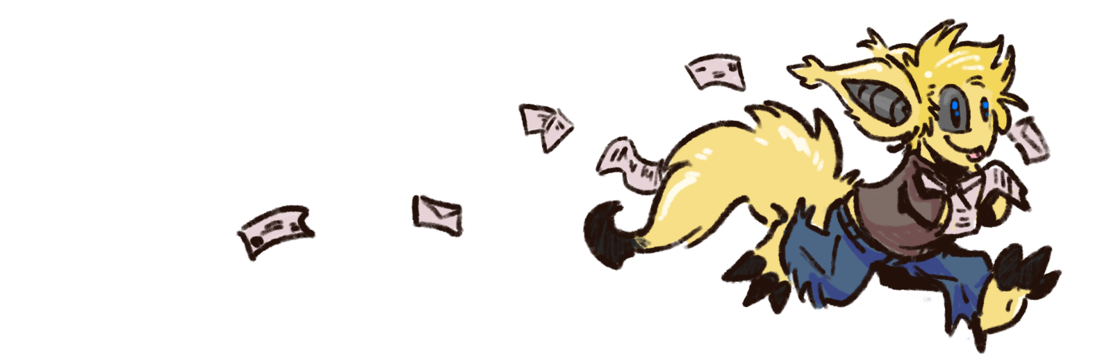 Kyo, the yellow alien catboy runs by in chibi form with his arms full of letters. H e's BACK!
